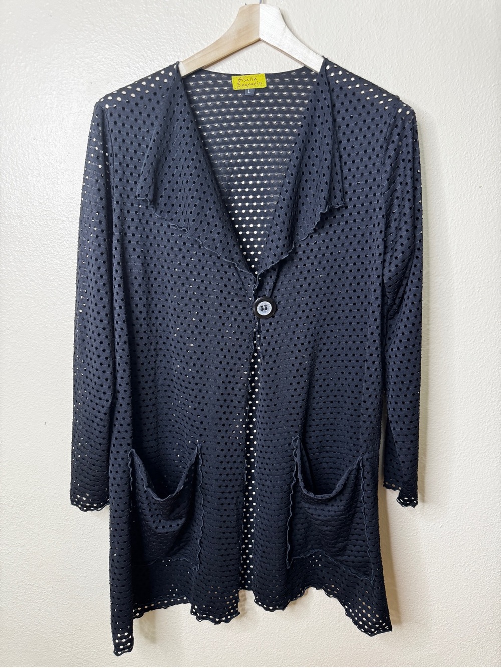 Giselle Shepatin Womens L Mesh Jacket Cardigan One Button Patch Pockets